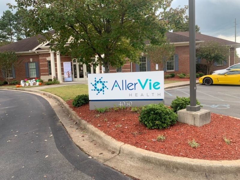 AllerVie Health Huntsville, Alabama clinic exterior signage on the road