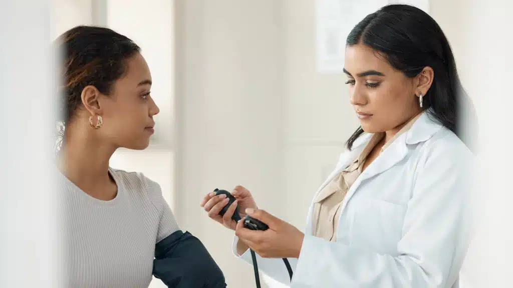 Female physician measuring the blood pressure of a female patient