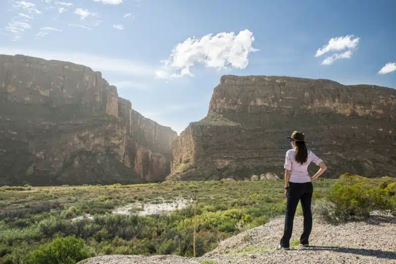 A woman wearing a hat overlooks the scenic desert landscape of West Texas near Big Bend National Park, surrounded by rugged cliffs, open skies, and sparse vegetation. The dry, dusty air and seasonal desert blooms highlight common regional allergy triggers in the Permian Basin, such as pollen and dust, emphasizing the importance of allergy awareness and care in this environment.