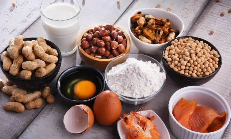 Composition with common food allergens including egg, milk, soya, peanuts, hazelnut, fish, seafood and wheat flour