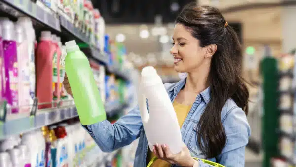 A happy woman picking detergent for home at supermarket.