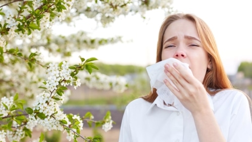 Woman outdoors sneezing on a white tissue due to allergies